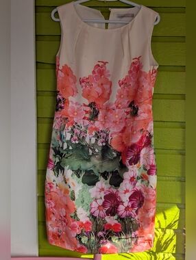 Sleeveless Orange Pink Floral Pencil Dress in Blush Pink